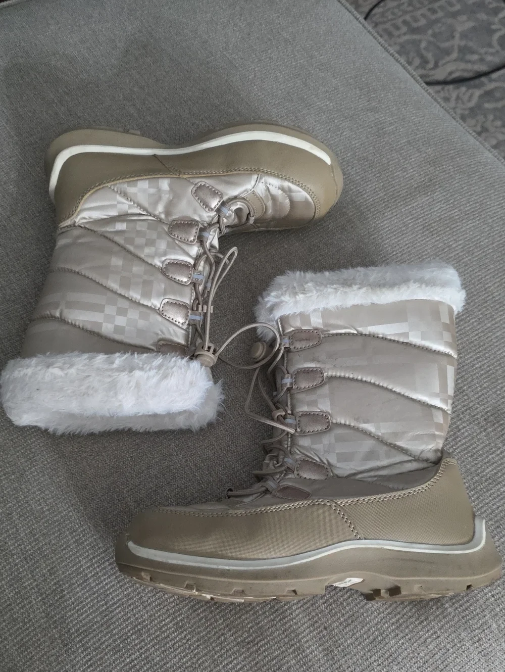 Girls Lands End Winter Faux-Fur Lined Snow Boots - Taupe/Metallic Size 2